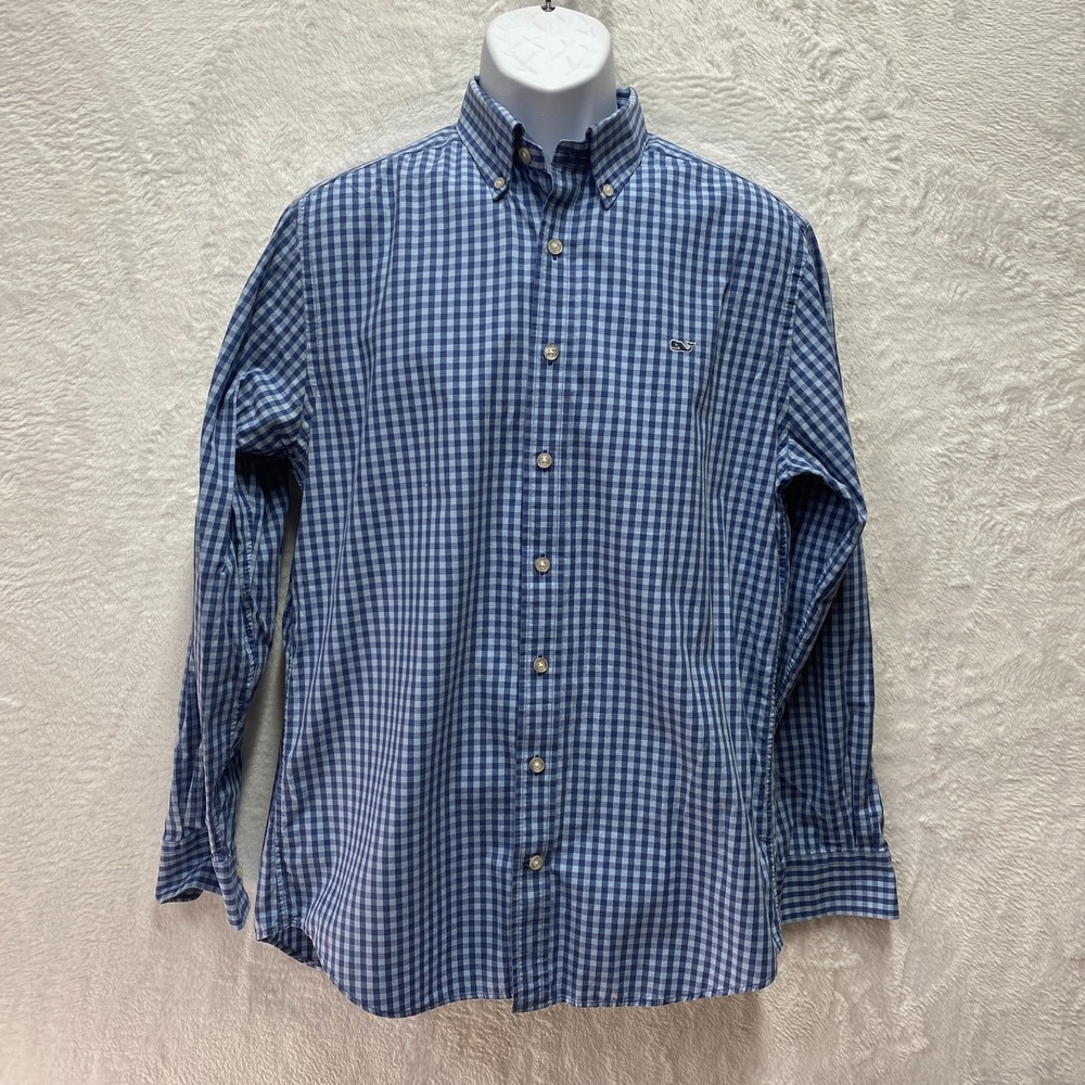 Vineyard Vines Button-Down Whale Shirt Mens Medium Blue Check Cotton Slim Fit